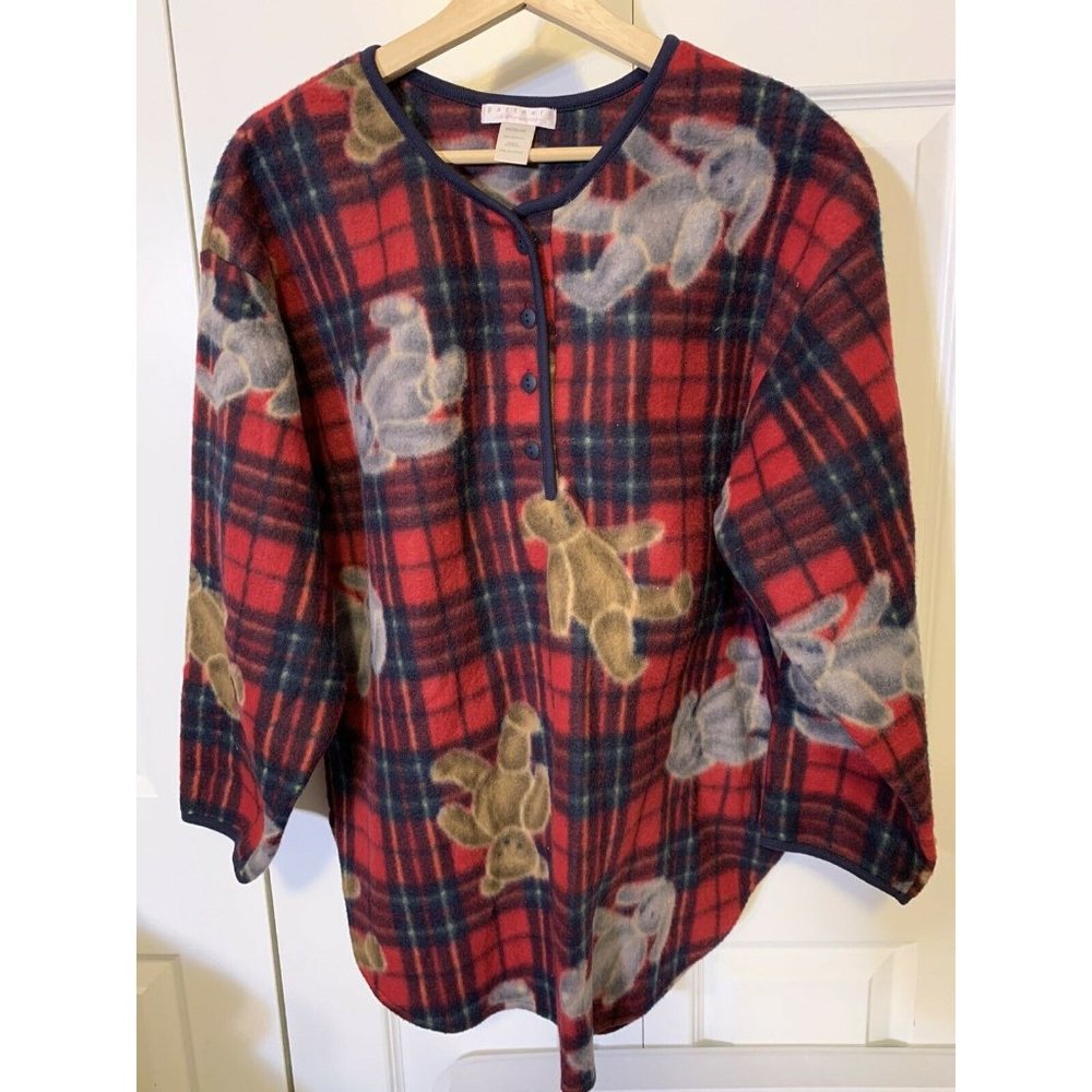 Partners Intimate Women's M Sleep Top Red Rabbit Bear Button